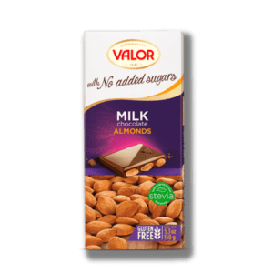 Valor Milk Chocolate Bar with Whole Almonds (No Added Sugar). Sugar-free milk chocolate bar with whole almonds, sweetened with stevia. Perfect for a delicious and satisfying treat.