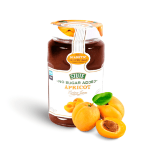 Stute No Added Sugar Apricot Extra Jam Jar (430g). Sugar-free apricot jam sweetened with natural sweeteners. Perfect for diabetics and those watching their sugar intake.