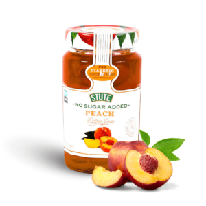 Stute No Added Sugar Peach Premium Jam Jar (430g). Sugar-free peach jam made with premium peaches and sweetened with natural sweeteners.