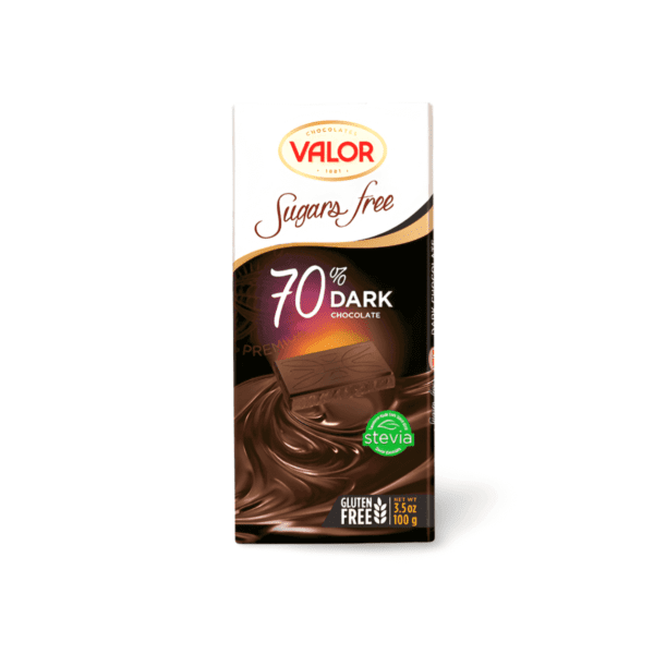 Valor 70% Dark Chocolate Bar (Sugar-Free) - 100g. Sugar-free dark chocolate bar with 70% cocoa content, sweetened with stevia.