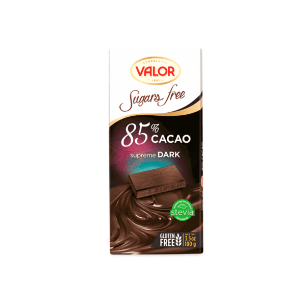 Valor 85% Dark Chocolate Bar (Sugar-Free) - 100g. Sugar-free dark chocolate bar with 85% cocoa content, sweetened with stevia.