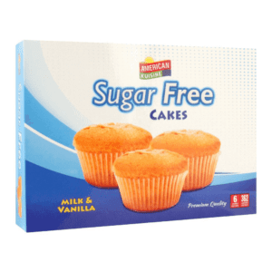 Box of American Kuisine Sugar-Free Cupcakes - Vanilla (6 pcs) with moist vanilla cupcakes. Perfect for a delicious, sugar-free treat.