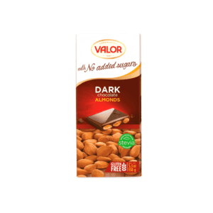 Valor Dark Chocolate Bar with Almonds (No Added Sugar) - 150g. Sugar-free dark chocolate bar with whole almonds, sweetened with stevia. Perfect for a delicious and satisfying treat.