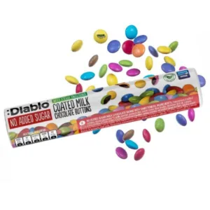 Bag of Diablo No Added Sugar Milk Chocolate Buttons (40g). Colorful candy-coated, sugar-free milk chocolate buttons sweetened with stevia.