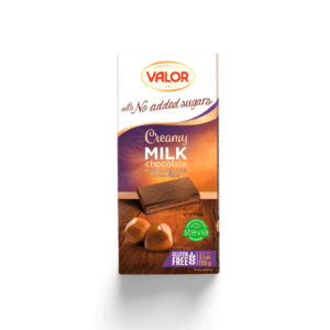 Valor Creamy Milk Chocolate Bar with Hazelnuts (No Added Sugar) - 100g. Sugar-free milk chocolate bar with whole hazelnuts, sweetened with stevia.