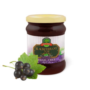 Jar of Fruit Tree Sugar-Free Blackcurrant Jam (270g). Thick, spreadable sugar-free jam made with real blackcurrants and natural sweeteners.