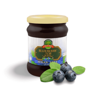 Jar of Fruit Tree Sugar-Free Blueberry Jam (270g). Thick, spreadable sugar-free jam made with real blueberries and natural sweeteners. Perfect for toast, yogurt, or baking.