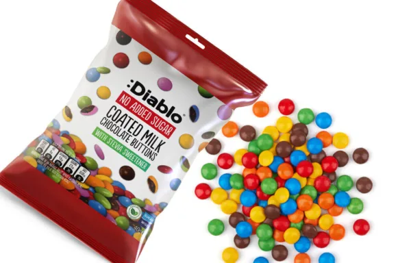 Bag of Diablo No Added Sugar Milk Chocolate Buttons (40g). Colorful candy-coated, sugar-free milk chocolate buttons sweetened with stevia.